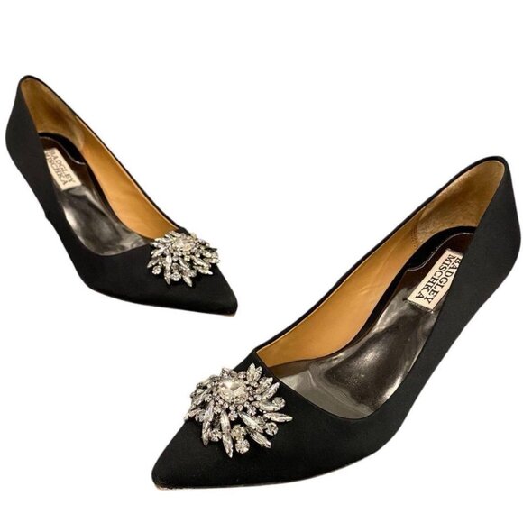 Badgley Mischka Shoes - Badgley Mischka Gardenia Embellished Pumps – Black Satin, Size 6.5